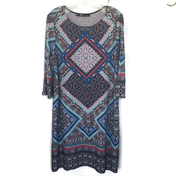 Women Dress Knit Sz 16 Be by Chetta Black Multi Print Half Sleeve Midi Colorful - Picture 8 of 8